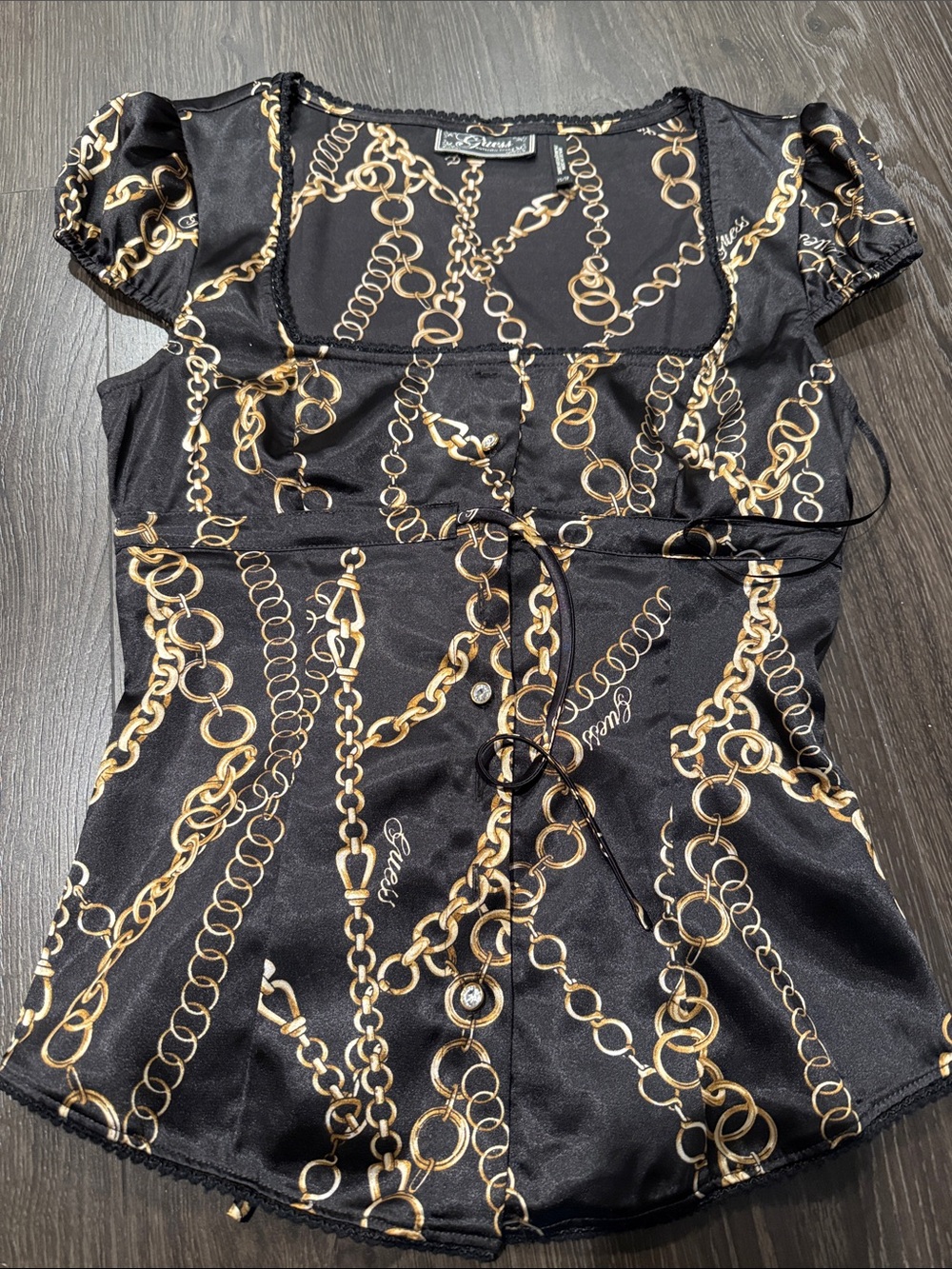 Guess by Marciano Black Satin Top with Gold Chain Print